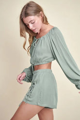 MABLE Gauze Long Sleeve Button Crop Top and Short Set OutfitFlow